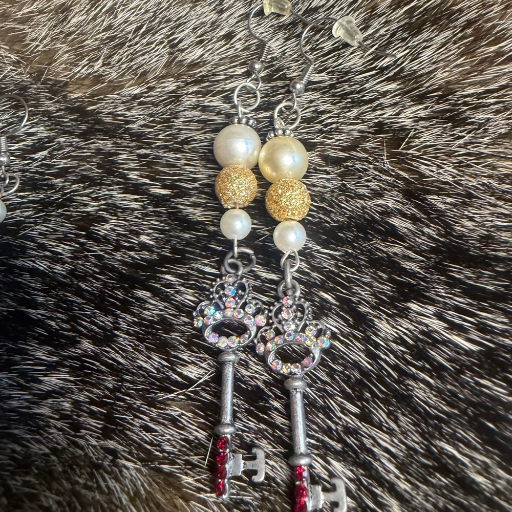 Elegant Key Dangle Earrings with Pearls and Gold Accents